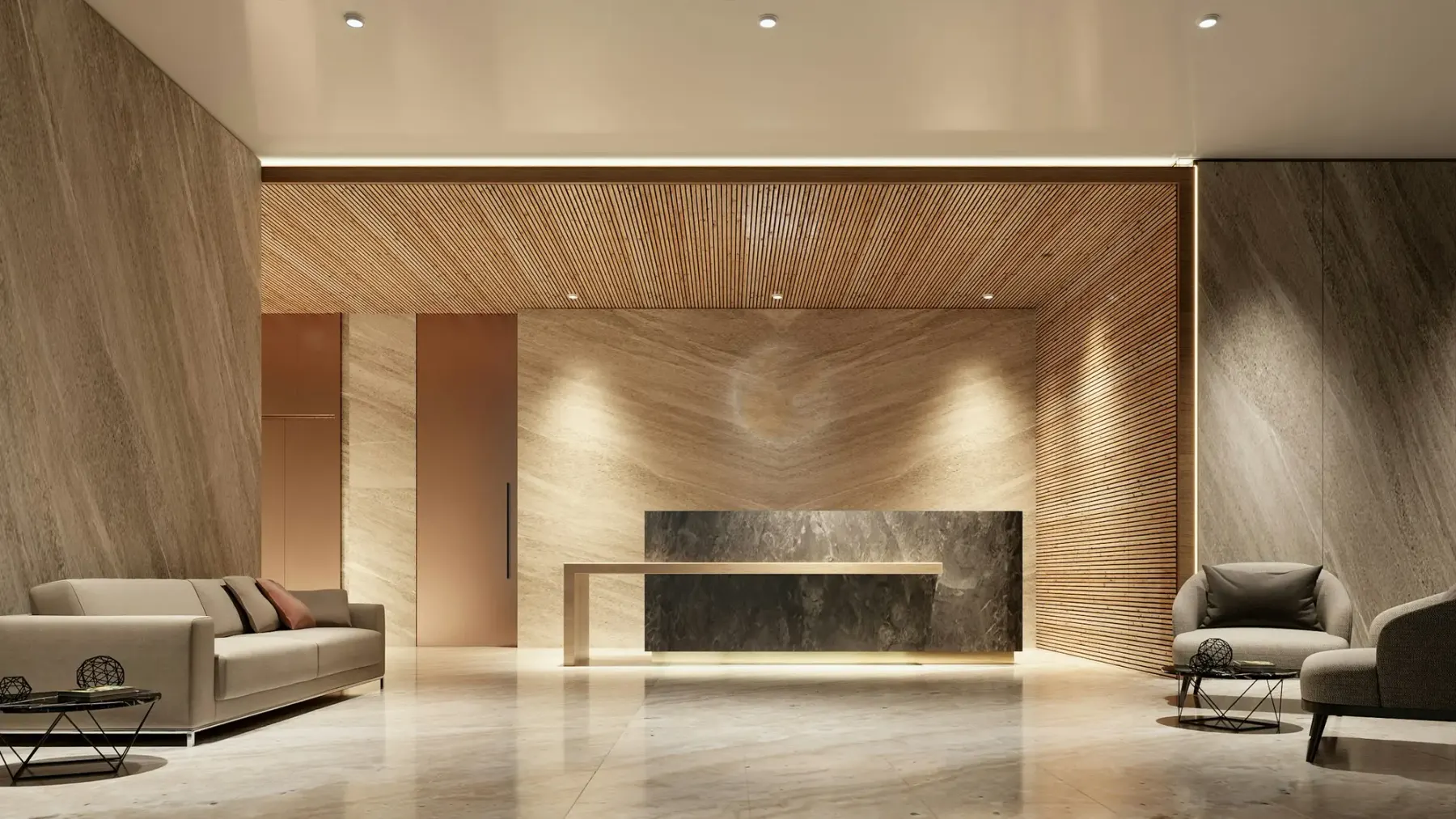 Office reception lobby with stone cladding and timber slat detailing