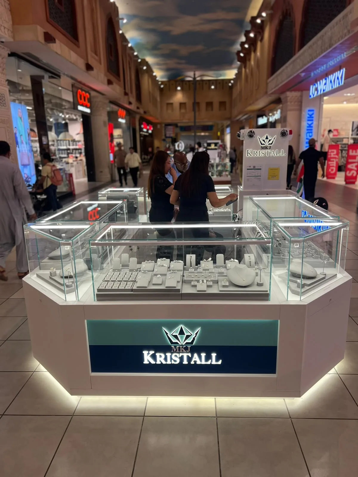 Kristall Jewellery kiosk at Ibn Battuta Mall with glass display cases and an underlit base